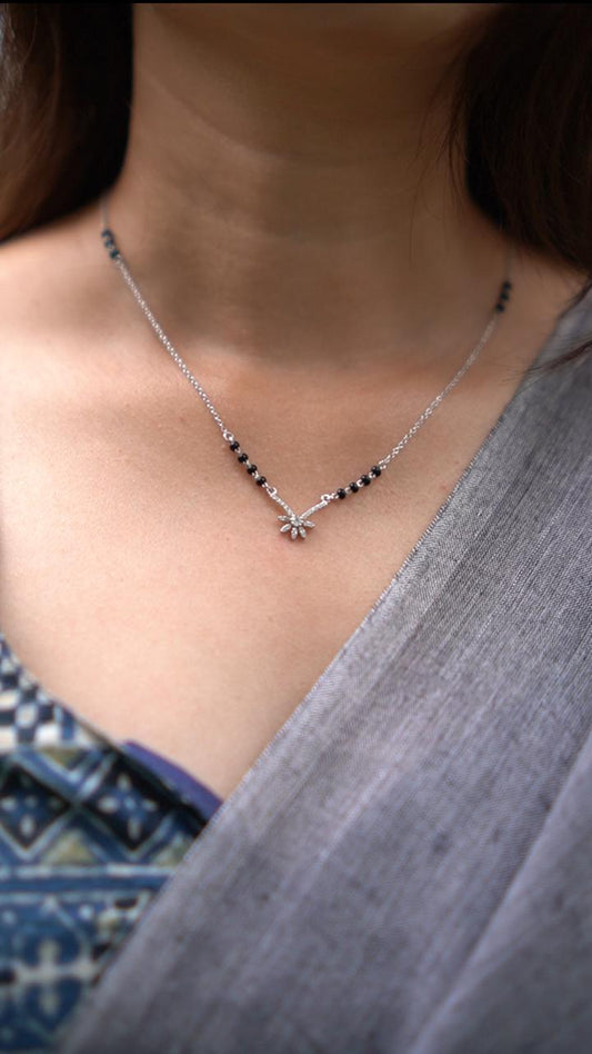 Delicate 92.5 Silver Mangalsutra with Leaf Drop Pendant