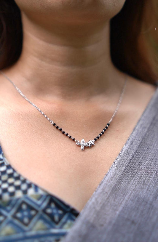 Stylish 92.5 Silver Mangalsutra with Floral Pendant