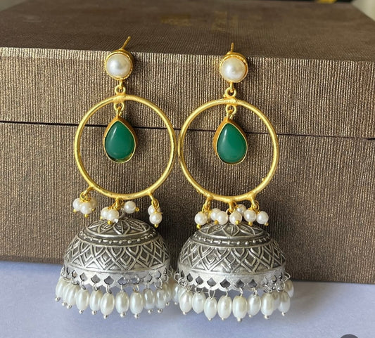 Dual-Tone Pearl Jhumka Earrings with Green Stone Drop
