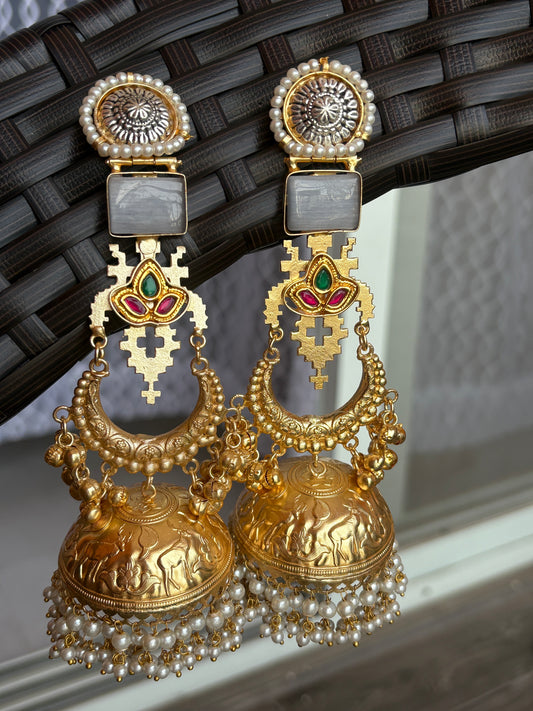 Heritage Temple Jhumka Earrings with deer Motif & Pearl Drops