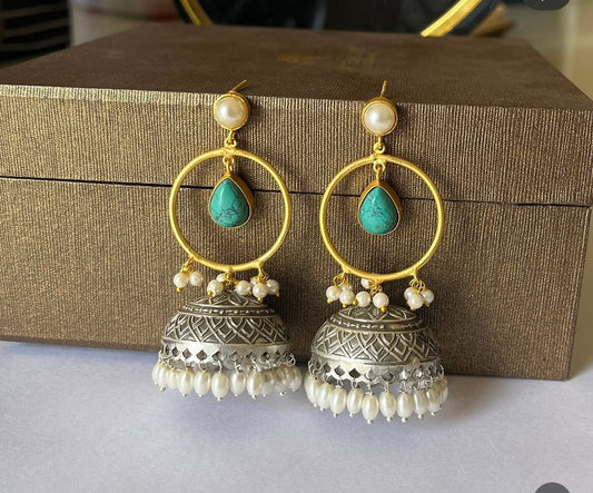 Dual-Tone Pearl Jhumka Earrings with Green Stone Drop