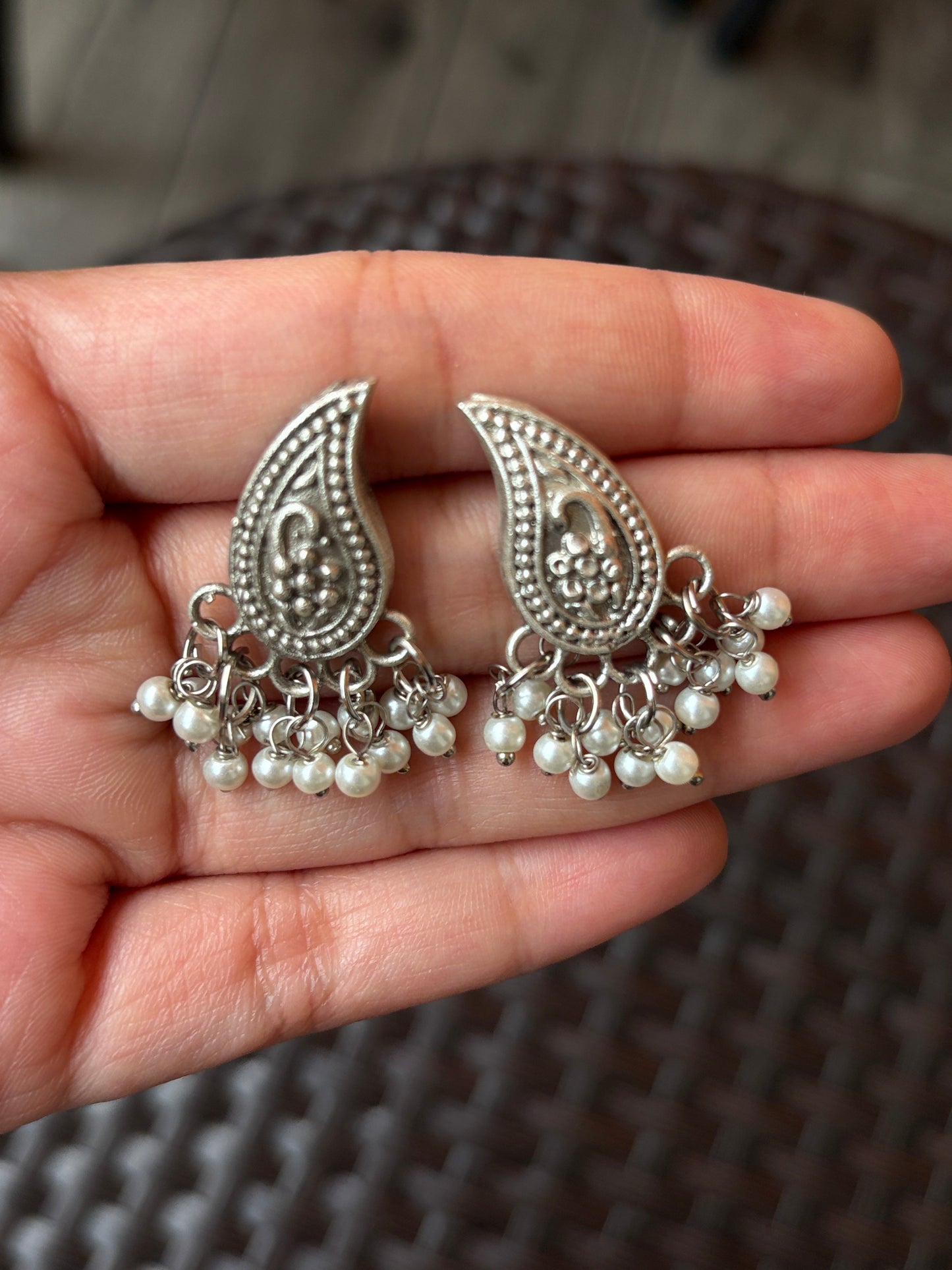 Oxidised Silver Pearl Drop Earrings for Women | Boho Ethnic Stud Earrings