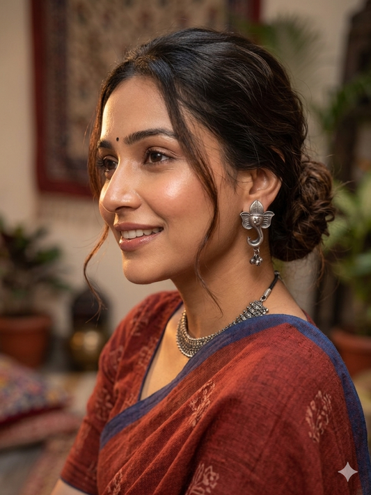 Oxidised Silver Ganesha Drop Earrings