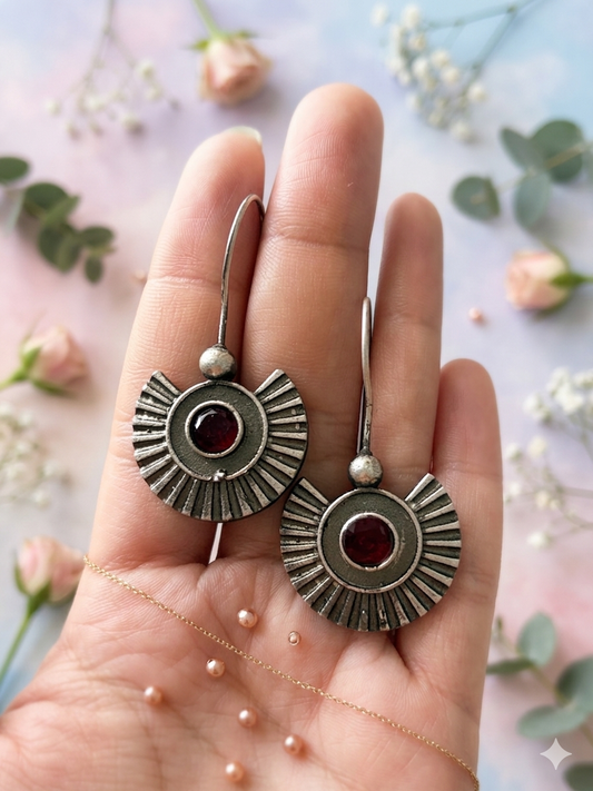 oxidised-silver-sunburst-drop-earrings