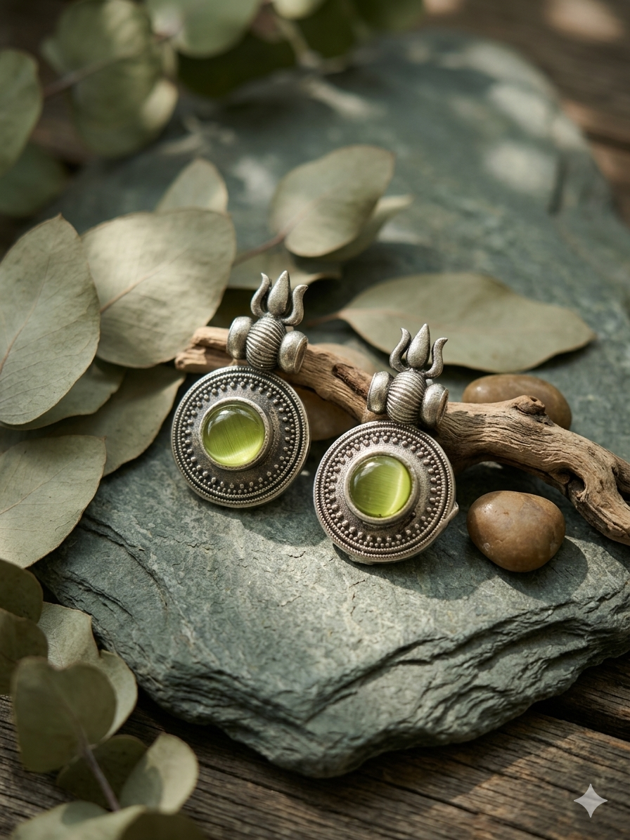 oxidised-silver-trishul-stone-earrings