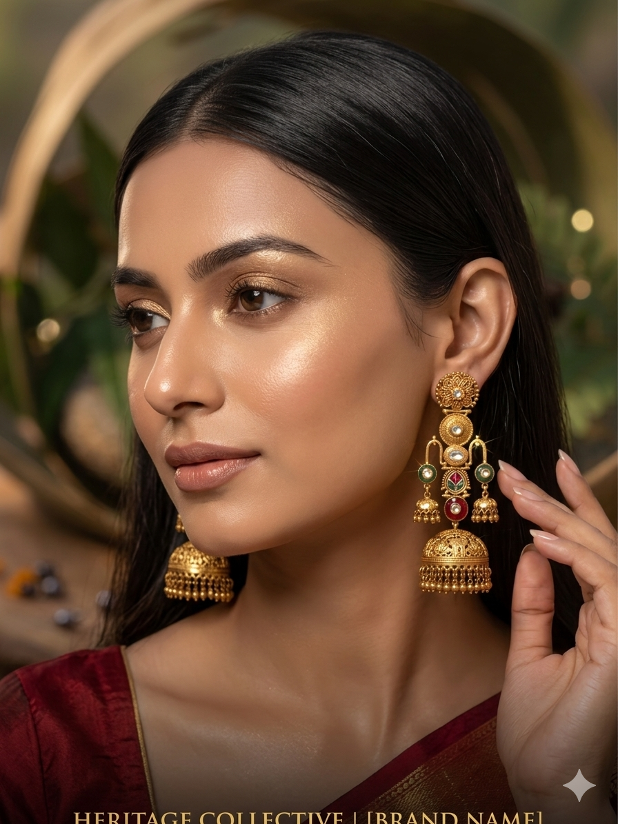 Vintage Gold-Plated Grand Temple Jhumka Earrings with Kundan & Emerald Detailing