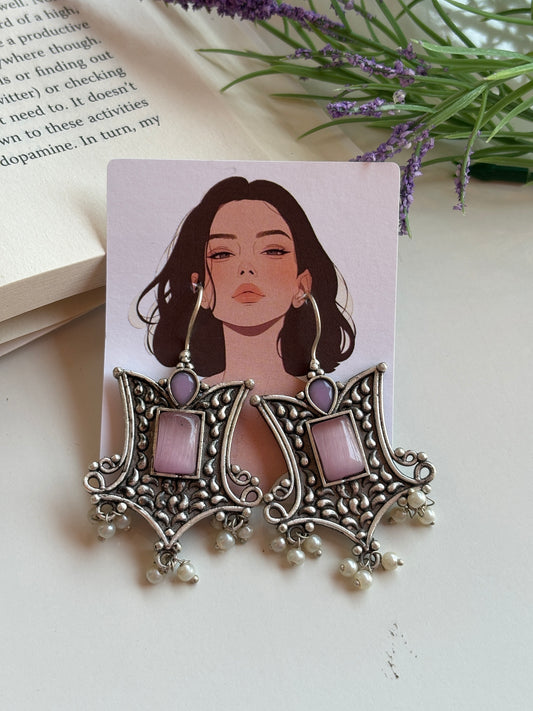 Oxidised earrings Silver Statement with Red Stone & Pearl Drops
