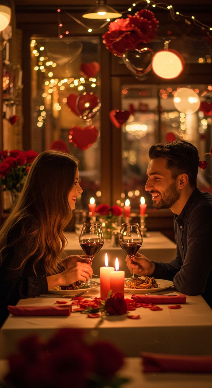 Couple on a romantic dinner date with candles and heart-shaped balloons.