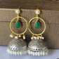 Dual-Tone Pearl Jhumka Earrings with Green Stone Drop