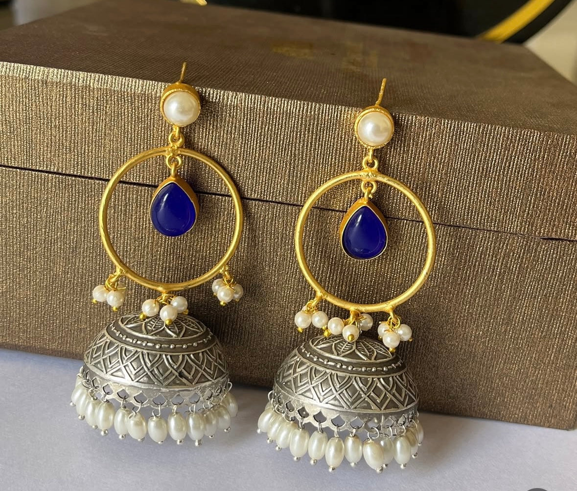 Dual-Tone Pearl Jhumka Earrings with Green Stone Drop