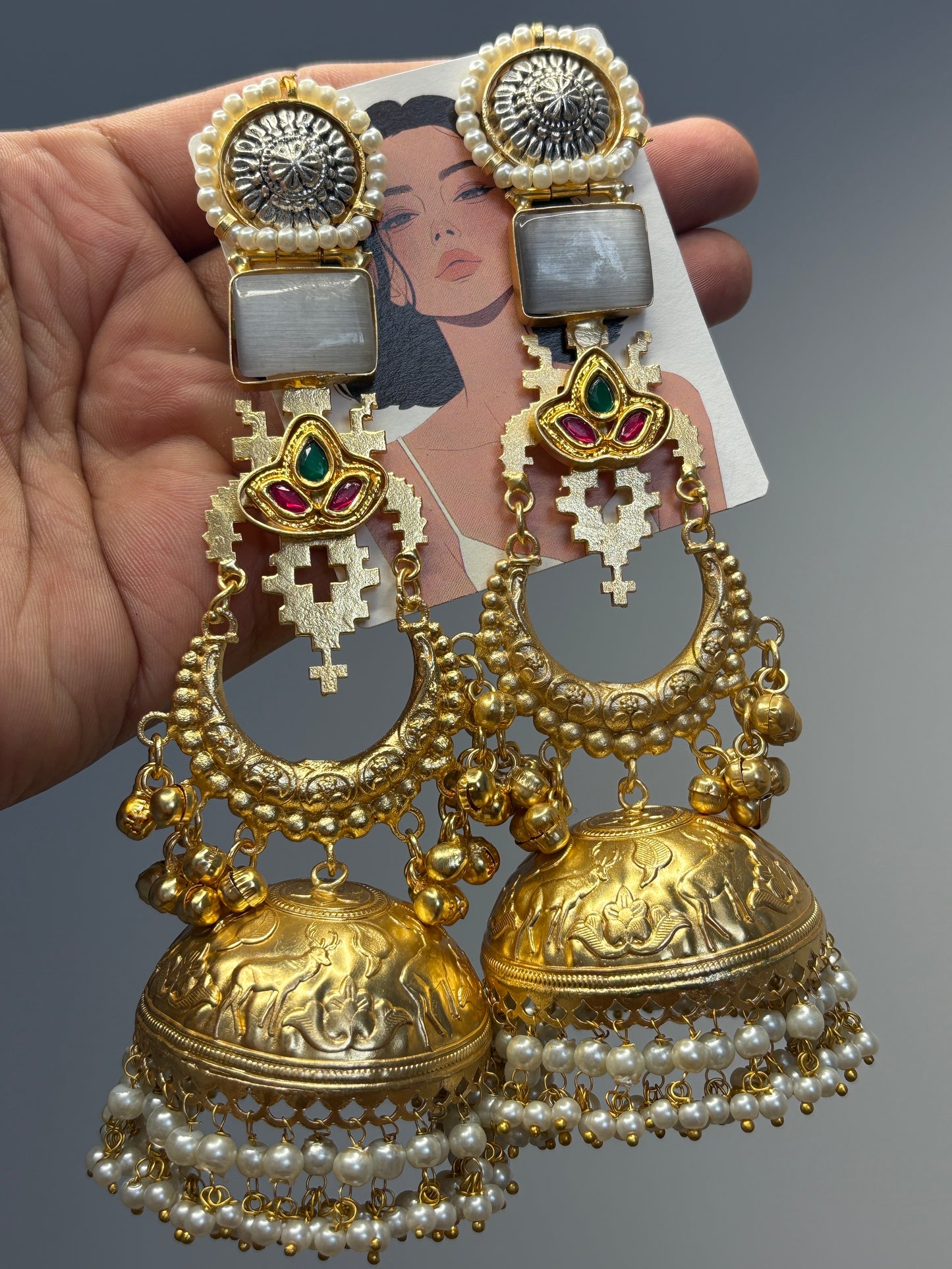 Heritage Temple Jhumka Earrings with deer Motif & Pearl Drops