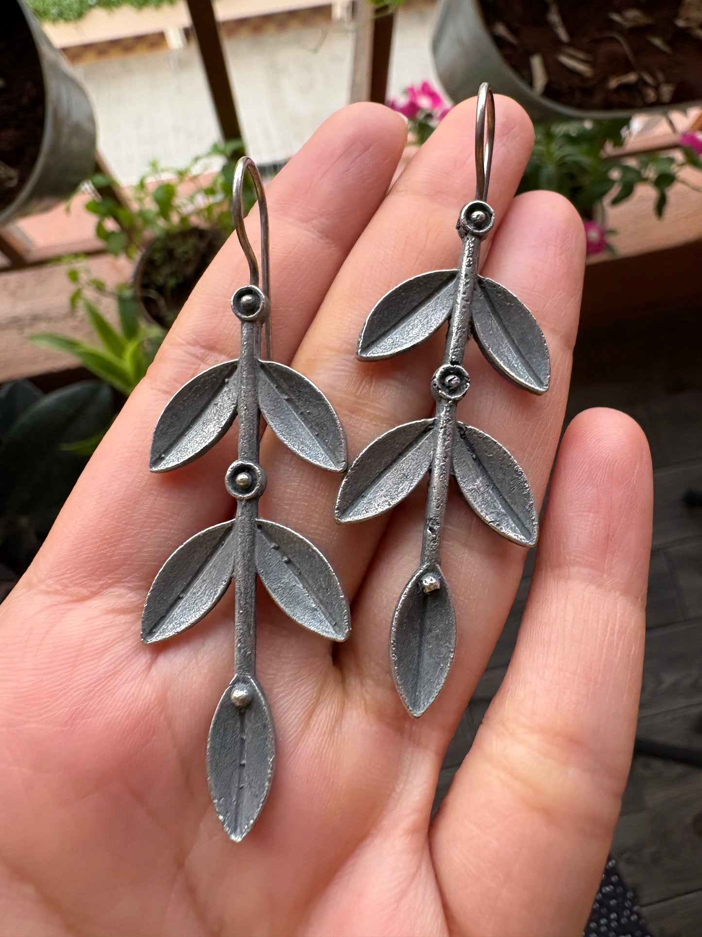 Oxidised Silver Leaf Drop Earrings for Women | Elegant Statement Jewellery