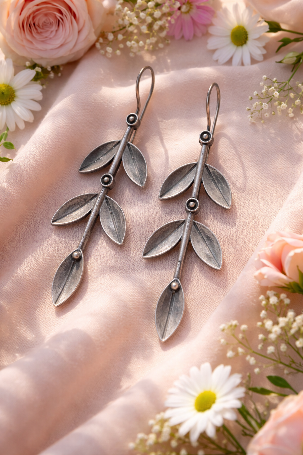 Oxidised Silver Leaf Drop Earrings for Women | Elegant Statement Jewellery