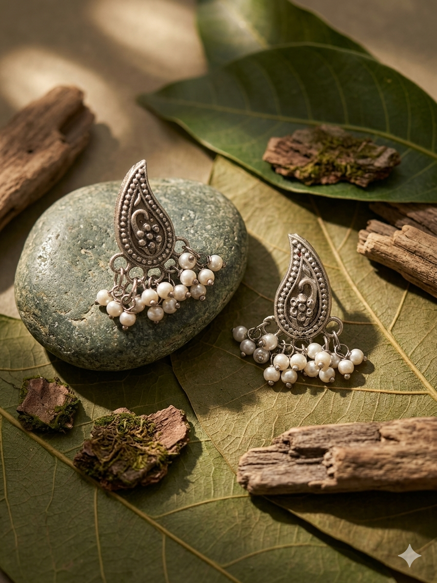 Oxidised Silver Pearl Drop Earrings for Women | Boho Ethnic Stud Earrings