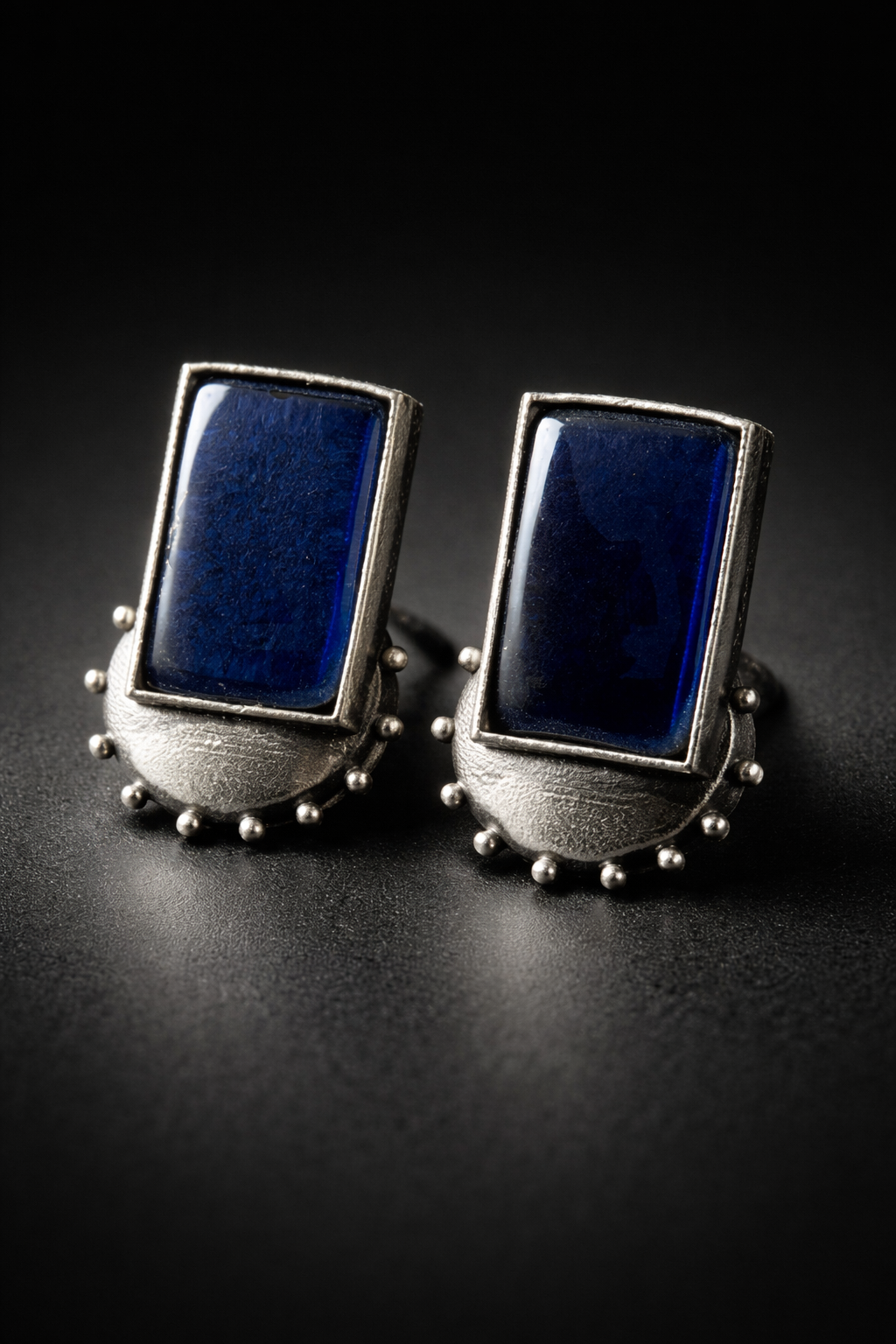 Oxidised silver earrings rectangular stone stud design for women