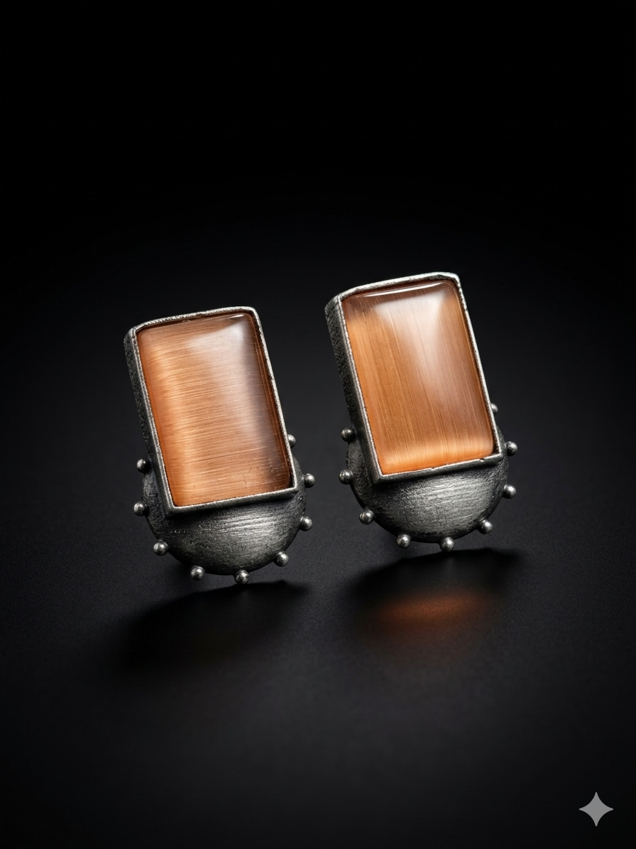 Oxidised silver earrings rectangular stone stud design for women