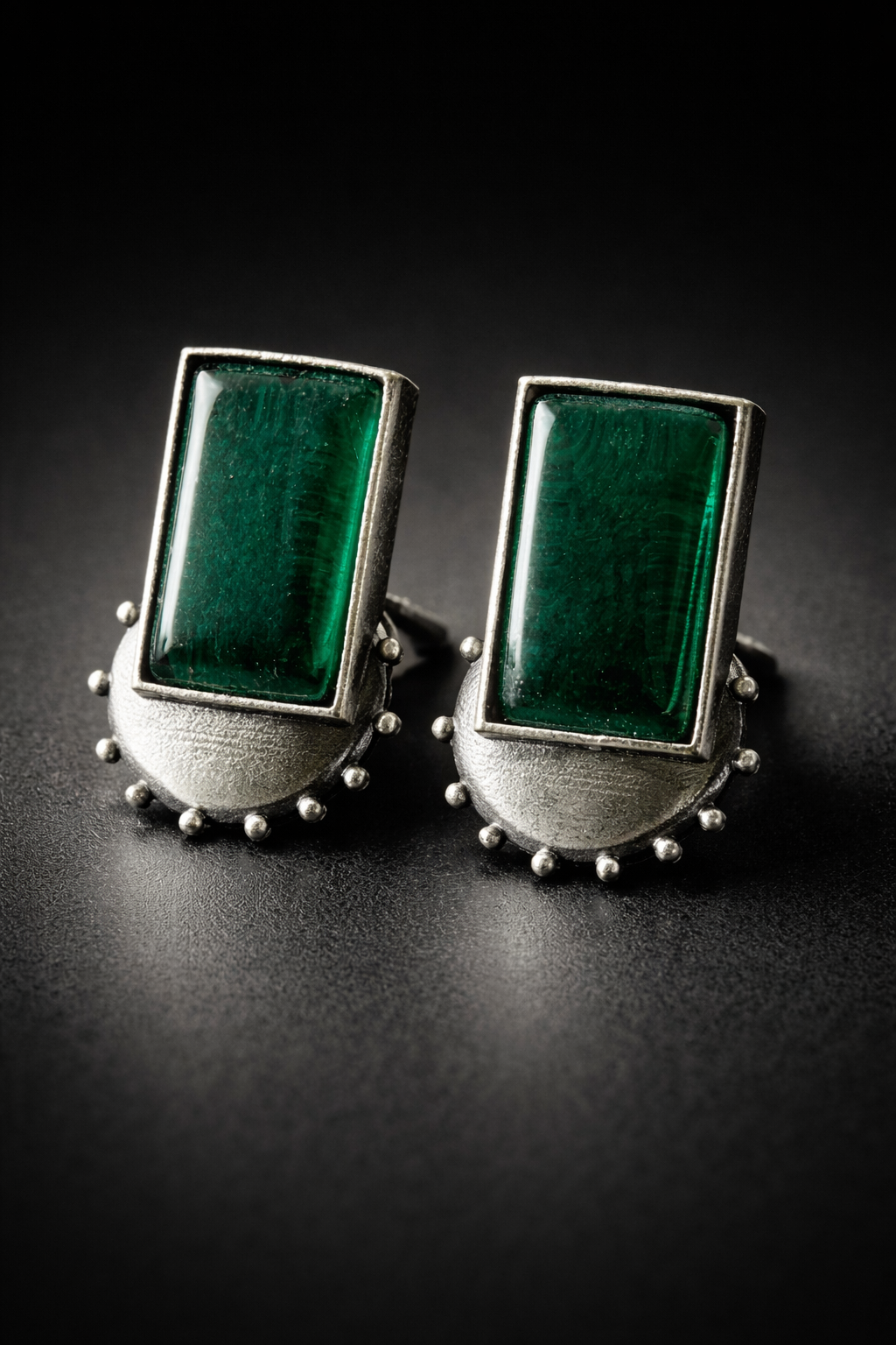 Oxidised silver earrings rectangular stone stud design for women