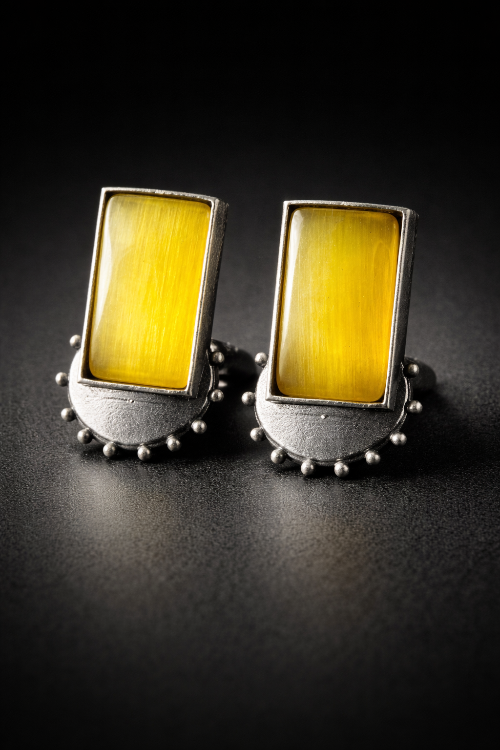 Oxidised silver earrings rectangular stone stud design for women