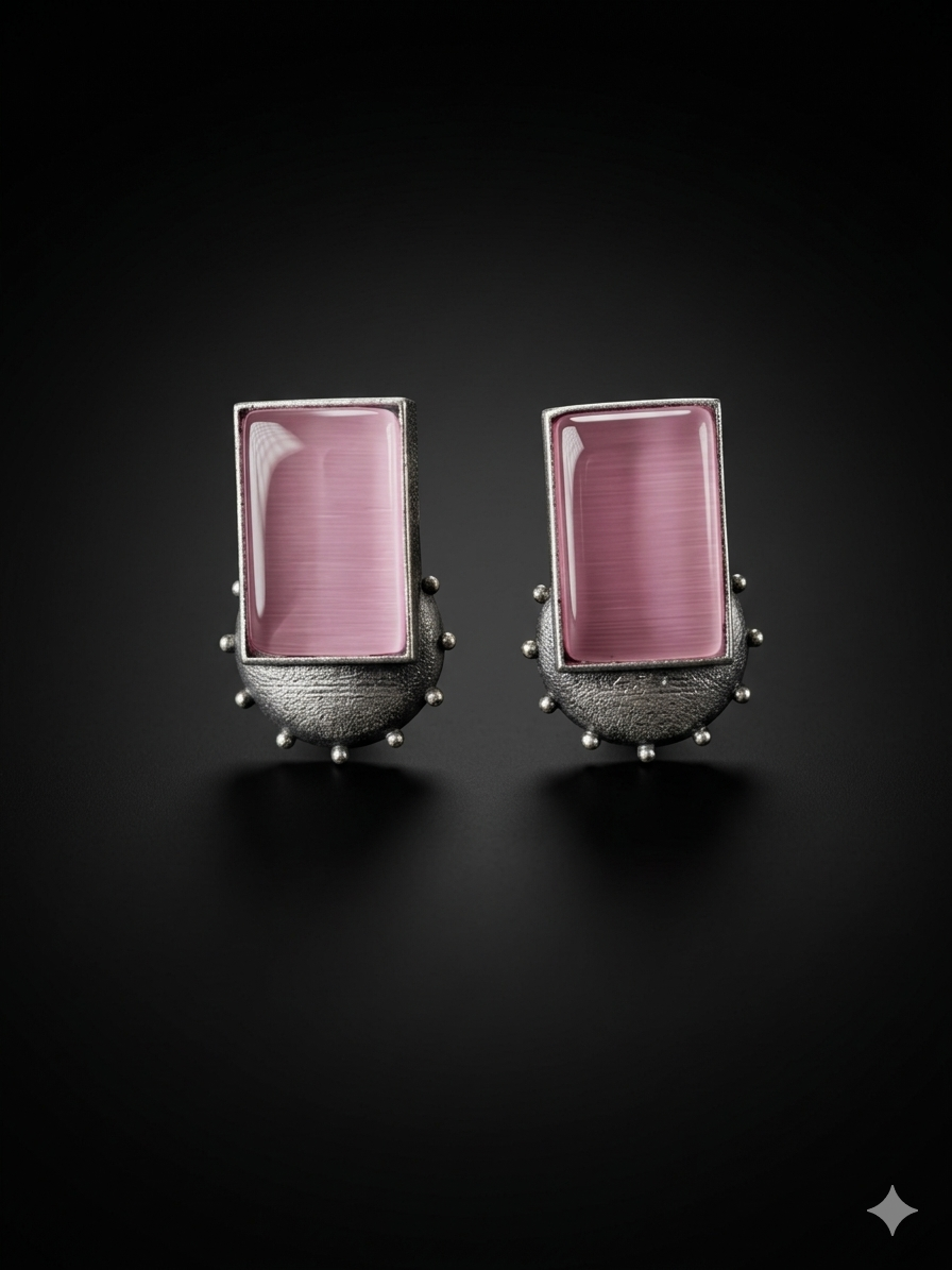 Oxidised silver earrings rectangular stone stud design for women