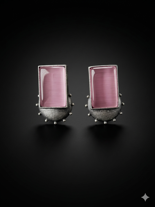 Oxidised silver earrings rectangular stone stud design for women