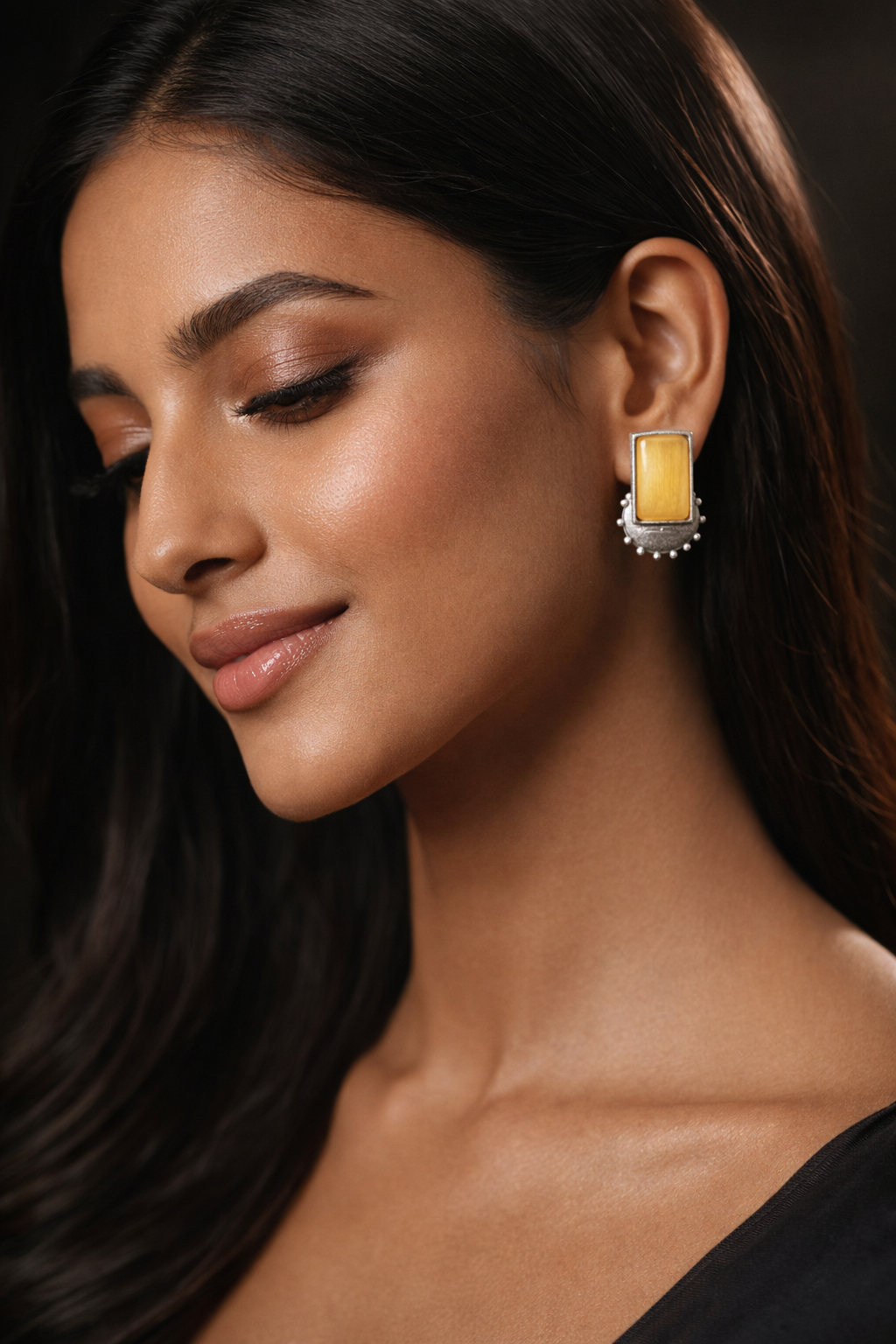 Oxidised silver earrings rectangular stone stud design for women