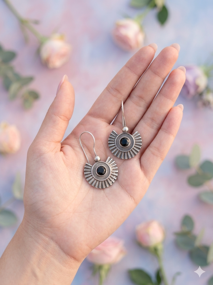 oxidised-silver-sunburst-drop-earrings