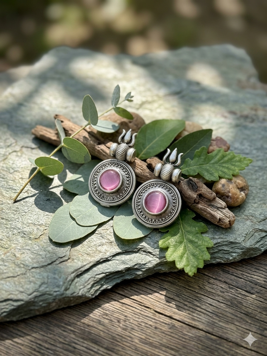 oxidised-silver-trishul-stone-earrings