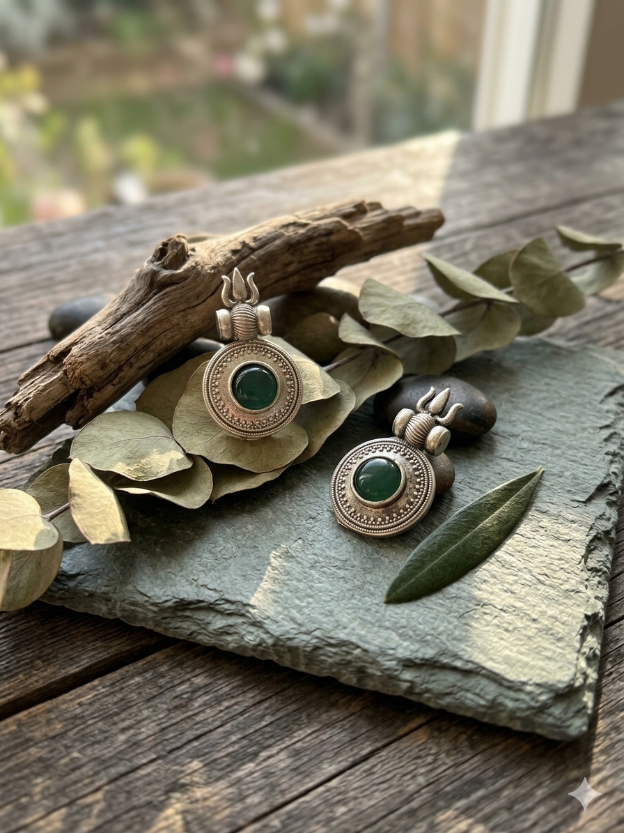 oxidised-silver-trishul-stone-earrings