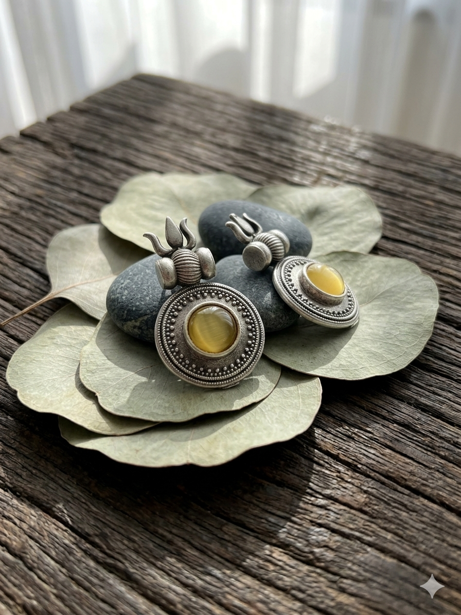 oxidised-silver-trishul-stone-earrings