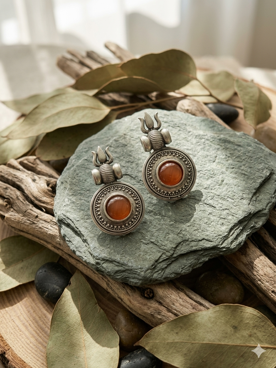 oxidised-silver-trishul-stone-earrings
