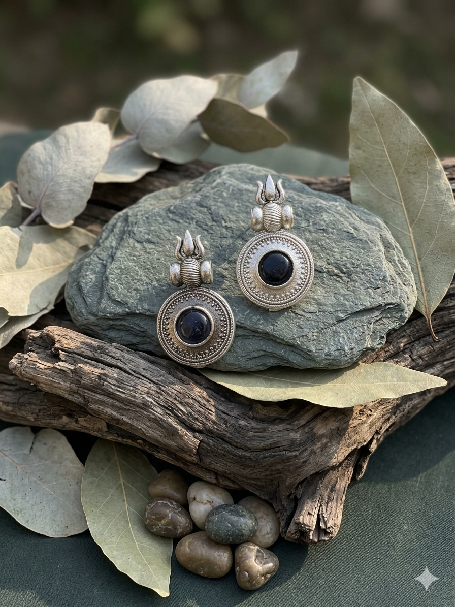 oxidised-silver-trishul-stone-earrings