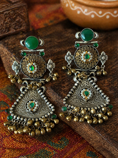 Oxidised Silver Ethnic Earrings for Women | Green Stone Boho Jhumka Earrings