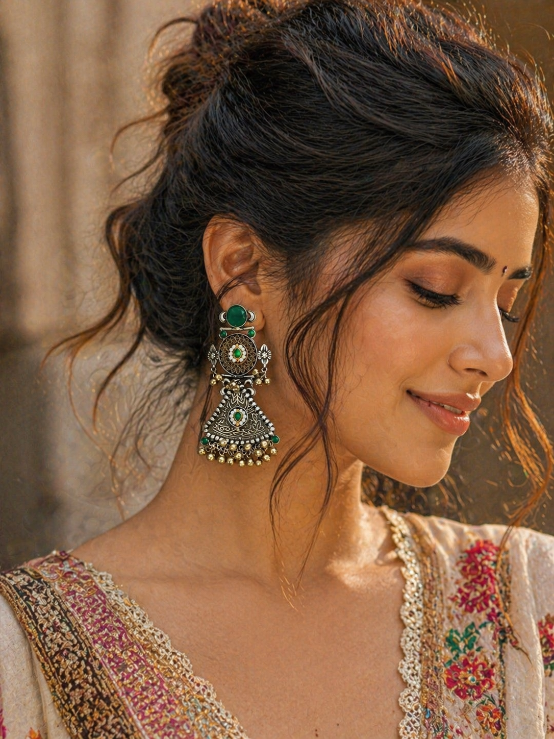 Oxidised Silver Ethnic Earrings for Women | Green Stone Boho Jhumka Earrings