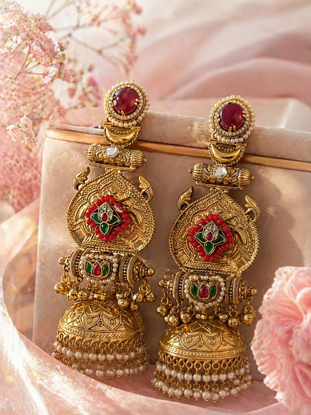 Royal Gold Tone Pearl Drop Statement Jhumka Earrings
