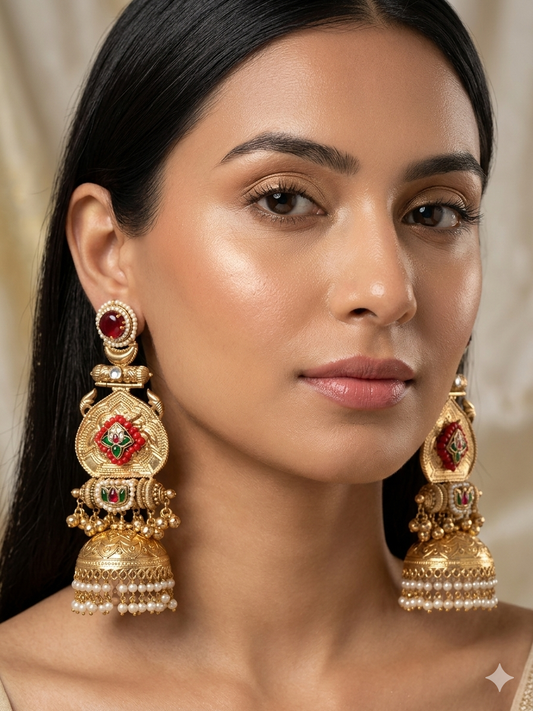 Royal Gold Tone Pearl Drop Statement Jhumka Earrings
