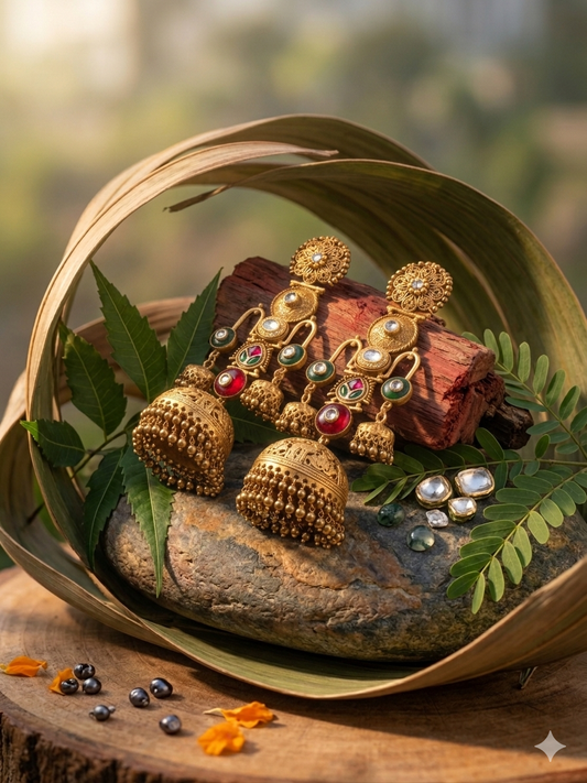 Vintage Gold-Plated Grand Temple Jhumka Earrings with Kundan & Emerald Detailing