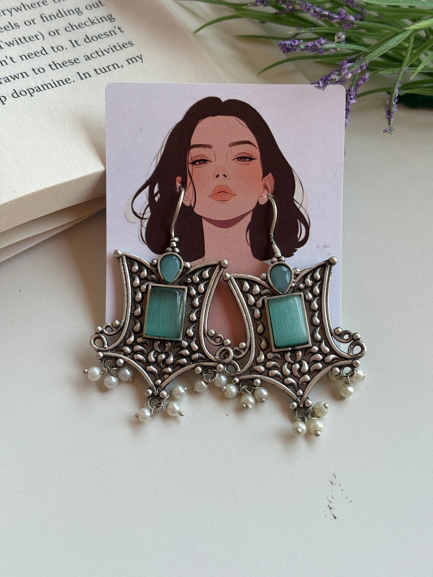 Oxidised earrings Silver Statement with Red Stone & Pearl Drops