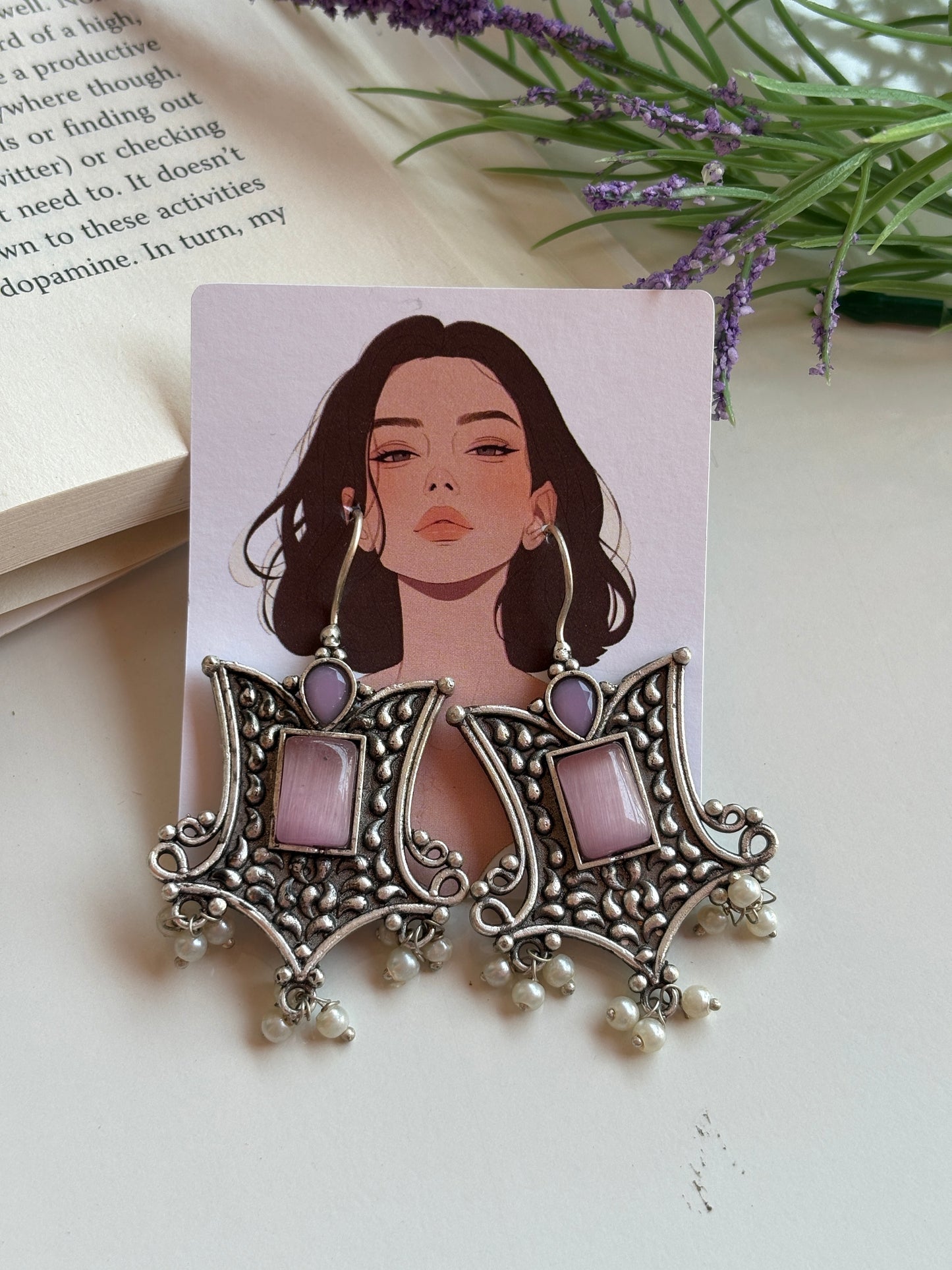 Oxidised earrings Silver Statement with Red Stone & Pearl Drops